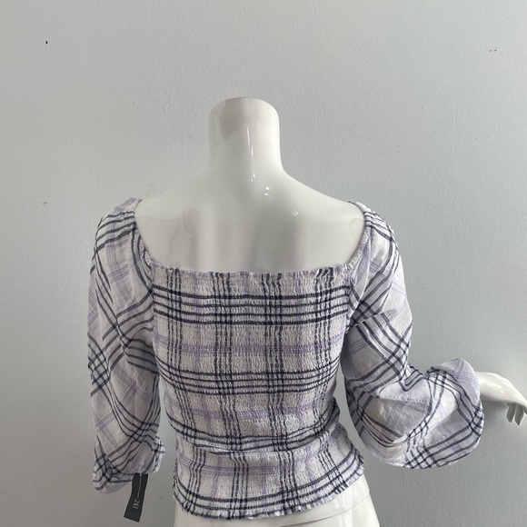 INC Women's Blouse White Size Large M Knit Plaid Metallic Smocked (D) - Picture 6 of 6